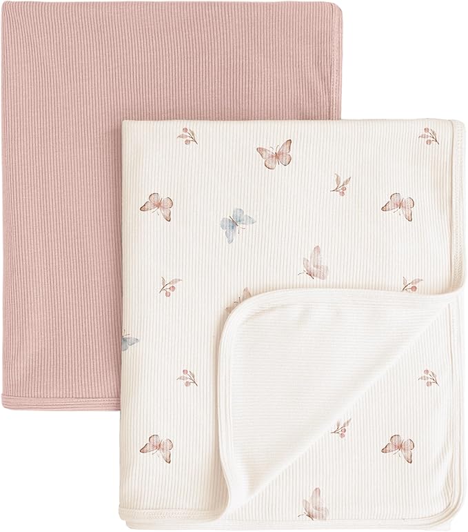 Konssy Knit Baby Blanket 2 Pack, Soft Ribbed Swaddle Receiving Blankets for Boys & Girls, Lightweight Cozy Warm Crib Blanket for Newborns, Infants, & Toddlers, 33x42 Inch (Taupe, Butterfly Dreams)