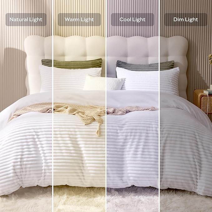 JELLYMONI Plush Duvet Cover Set - Queen Size Pure White Striped Fluffy Comforter Cover 3pcs Bedding Set Luxury Ultra Soft Faux Fur Duvet Cover with Zipper and 2 Pillowcases (NO Comforter)