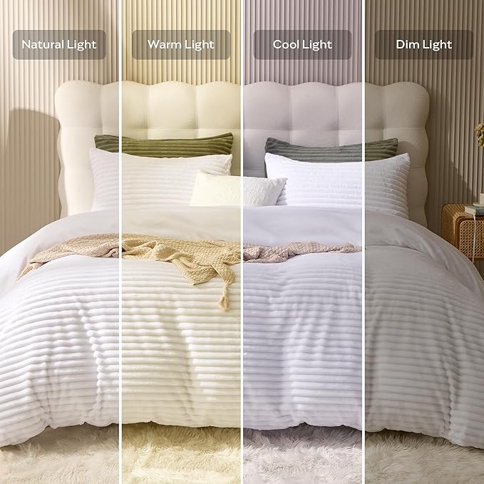 JELLYMONI Plush Duvet Cover Set - Twin Size Beige Striped Fluffy Comforter Cover 2pcs Bedding Set Luxury Ultra Soft Faux Fur Duvet Cover with Zipper and 1 Pillowcase (NO Comforter)