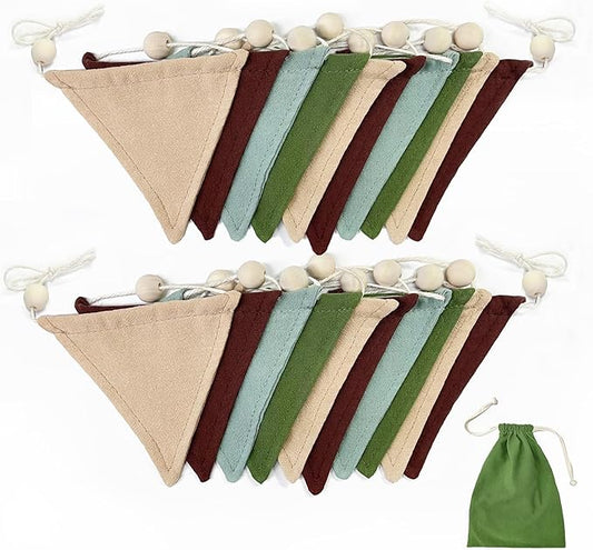 2 Sets of Green Brown Beige Wood Beads Pennant Banner 20pcs Flags Nursery Garland Fabric Linen Triangle Streamers for Kids Jungle Woodland Camping Birthday Party Decorations Baby Shower Bedroom Decor