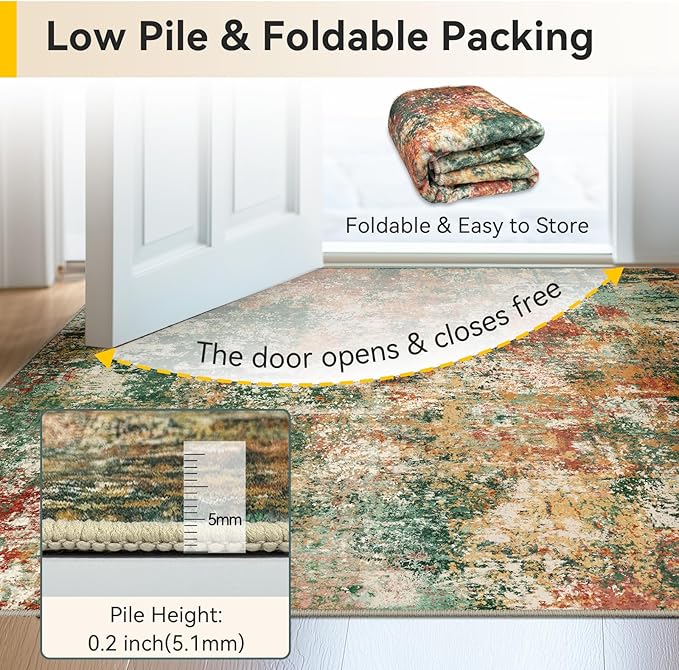Washable Area Rugs 8'x10' Non-Slip Modern Abstract Soft for Living Room Entryway Bedroom Nursery, Print Pattern, Green Orange Rust Red Cream Colorful
