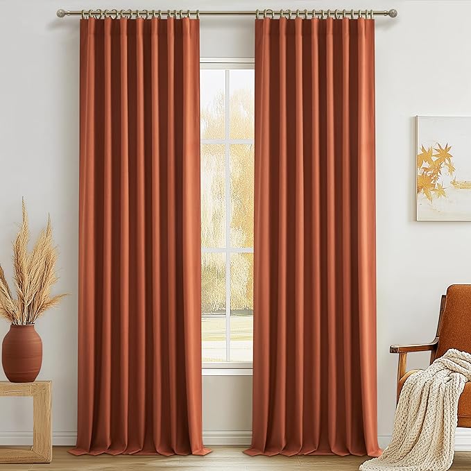 Fall Burnt Orange Curtains Blackout 108 Inches Long 2 Panels Set,Terracotta Autumn Color Decor Retro for Living Room/Bedroom Antique Copper Rust Boho 70s Window Pleated Linen Drapes (W50"xL108")