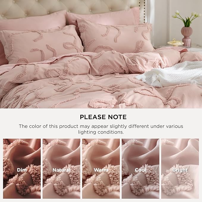 Bedsure Boho Duvet Cover Queen Size - Rose Pink Tufted Boho Bedding, Farmhouse Shabby Chic Embroidery Bedding for All Seasons, 3 Pieces, 1 Soft Jacquard Queen Comforter Cover and 2 Pillow Shams
