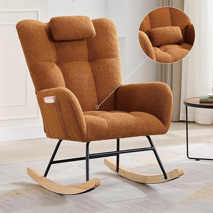 Rocking Chair Nursery Teddy Upholstered Baby Fluffy Glider Rocker for Adults Small Spaces Indoor Nursing Chair for Living Room Bedroom Classroom Beige Comfortable Durable Stylish-Brown