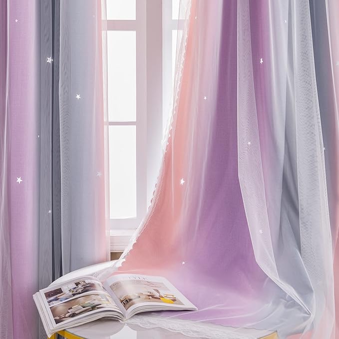 XiDi Curtains for Girls Bedroom Kids Room Unicorn Princess Theme Home Decor 63 inches Length Grey/Pink/Purple, W52 X L63 2 Panels