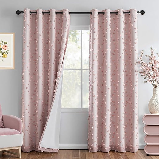 MYSKY HOME 100% Blackout Curtains for Girls Bedroom 90 Inch Long Total Room Darkening Curtain for Living Room 2 Panels Grommet Light Blocking Sliding Door Drapes Blush Pink Pom Pom Sheer 52" x 90"
