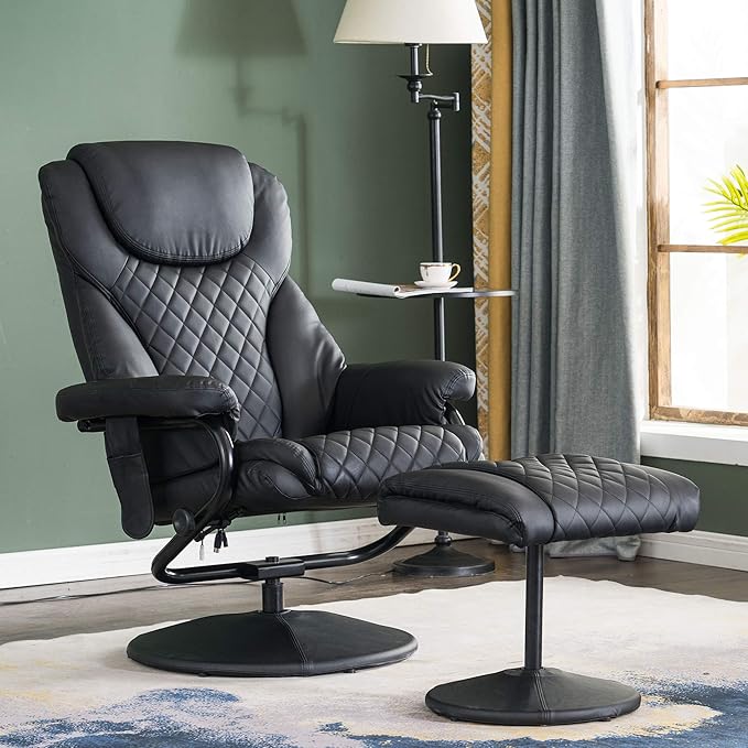 MCombo Recliner with Ottoman, Reclining Chair with Massage, 360 Swivel Living Room Chair Faux Leather, 4901 (Black)