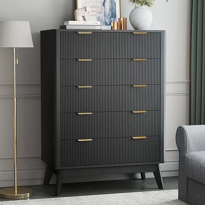 SUNWAVE Fluted 5 Drawer Dresser for Bedroom, 43.3" Tall Dressers with Round Corner, Mid-Century Modern Wood Chest for Living Room, Entry