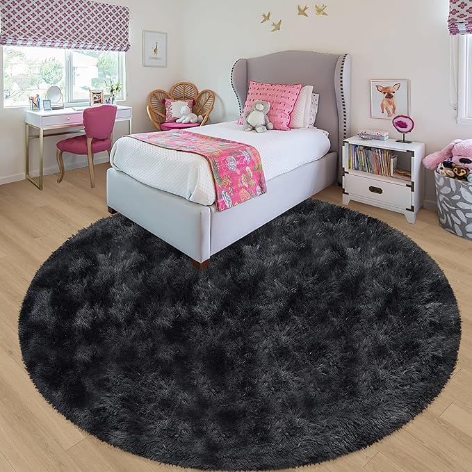 7 ft Round Fluffy Large Black Rug for bedroom,Tie Dyed Furry Round Carpet Non Slip Fuzzy Shaggy Plush Circle Big Area Rug for living room Room Nursery Room Playroom Kids Room Home Decor Washable