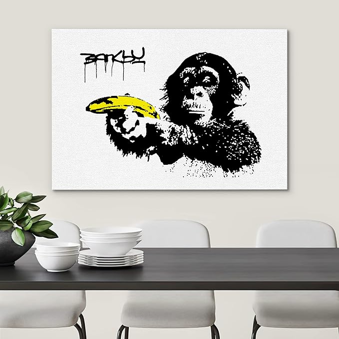 SIGNWIN Framed Canvas Wall Art Banksy Monkey with Banana Print Graffiti & Street Art Famous People Pop Art Modern Urban Multicolor for Living Room, Bedroom, Office - 16x24 inches