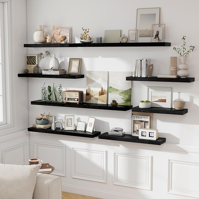 Fun Memories Black Floating Shelves for Wall, 32W x 8D Floating Wall Shelves with Invisible Brackets Set of 2, Hanging Rustic Wood Shelf Decoration for Bedroom, Bathroom, Living Room and Kitchen