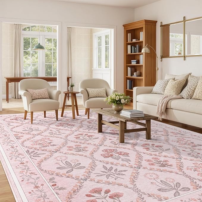 Pink Area Rug for Living Room 8x10, Soft Large Washable Bedroom Rug, Boho Cute Floral Indoor Decor Non Slip Low Pile Carpet for Girls Room Kids Playroom Nursery, Pink Multi