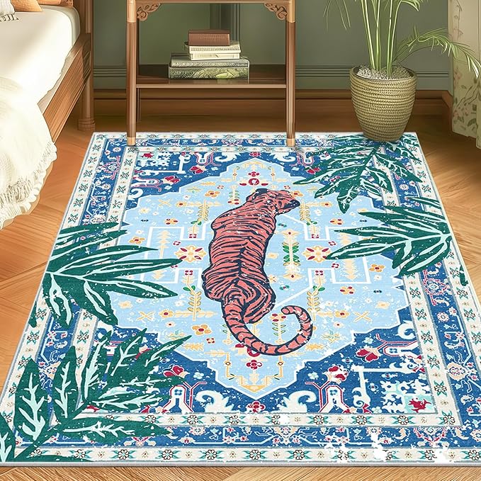 Tiger Rug 3x5 Blue Washable Non-Slip Boho Vintage Jungle Rug Whimsical Animal Print Soft Cozy Tropical Woodland Carpet for Bedroom Laundry Room Kitchen Hallway Entryway