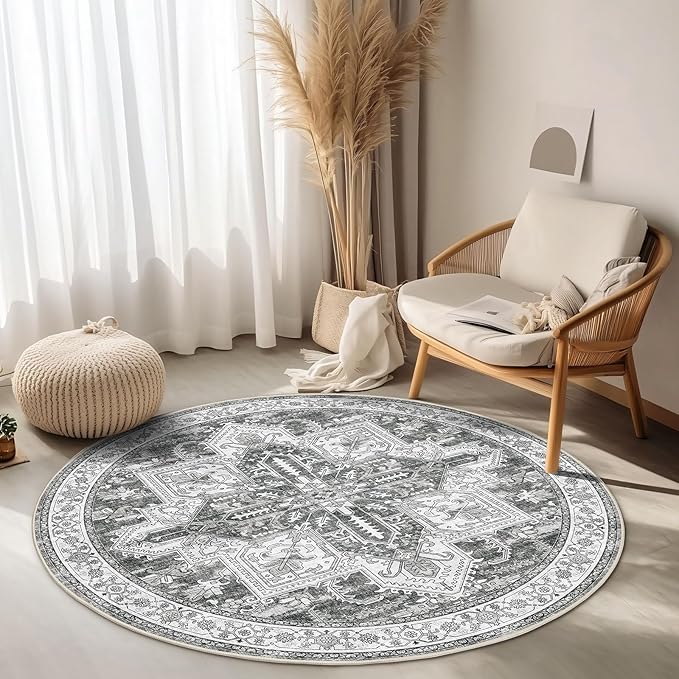 WITSHOCK Area Rug Round Rugs, 4Ft Oriental Circle Area Rugs for Living Room Machine Washable Non Slip Stain Backing Rug Soft Foldable, Vintage Rugs Home Office Kitchen Hallway Bedroom, Gray