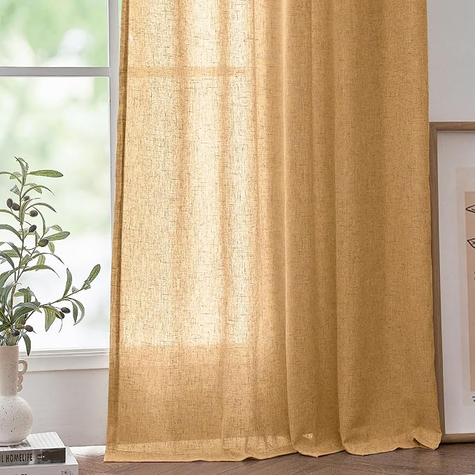 jinchan Linen Blend Curtains 90 inch Length 2 Panels for Bedroom Living Room, Light Filtering 50 inch Wide Farmhouse Drapes with Rod Pocket Back Tab(50W x 90L, Mustard Yellow)