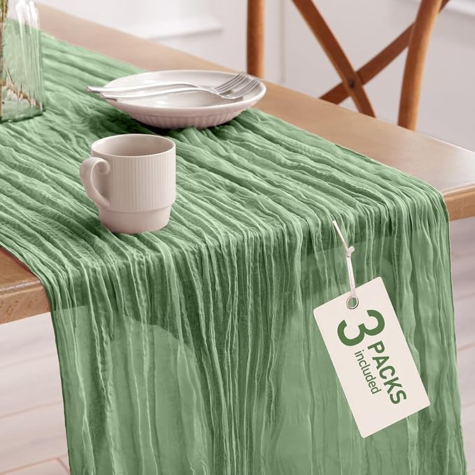 Pureegg 3-Pack Cheese Cloths Table Runner, 120'' Boho Table Cloth Decorations for Party, Baby Shower, Wedding and Farmhouse, Fabric Room Decor, Sage Green