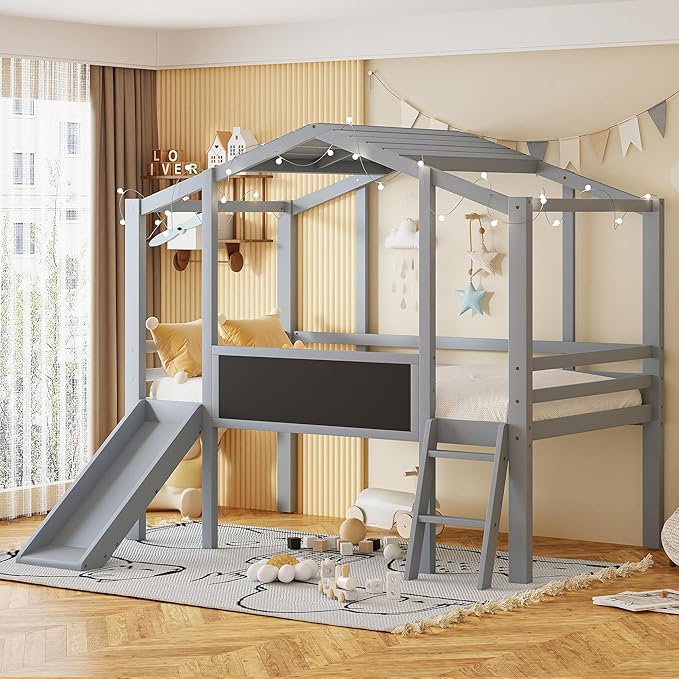 Play Fun Design Twin Size Loft Bed with Ladder and Slide for Kids Boys Girls, Solid Wood House Loft Bed Frame with Blackboard and Light Strip on The Roof, Sturdy Slat Support (Gray-6)