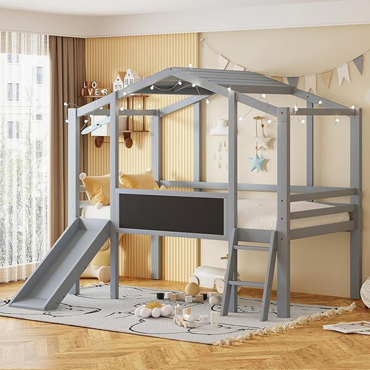 Play Fun Design Twin Size Loft Bed with Ladder and Slide for Kids Boys Girls, Solid Wood House Loft Bed Frame with Blackboard and Light Strip on The Roof, Sturdy Slat Support (Gray-6)