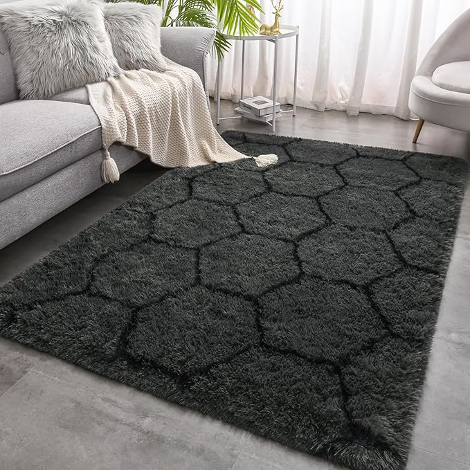 Meralax Hexagon Grey Rugs for Living Room Bedroom, 4x6 Soft Area Rug Fluffy Shaggy Bedside Rug, Machine Washable Indoor Gray Floor Carpet for Kids, Dorms, Nursery Rooms, Home Decor Aesthetic