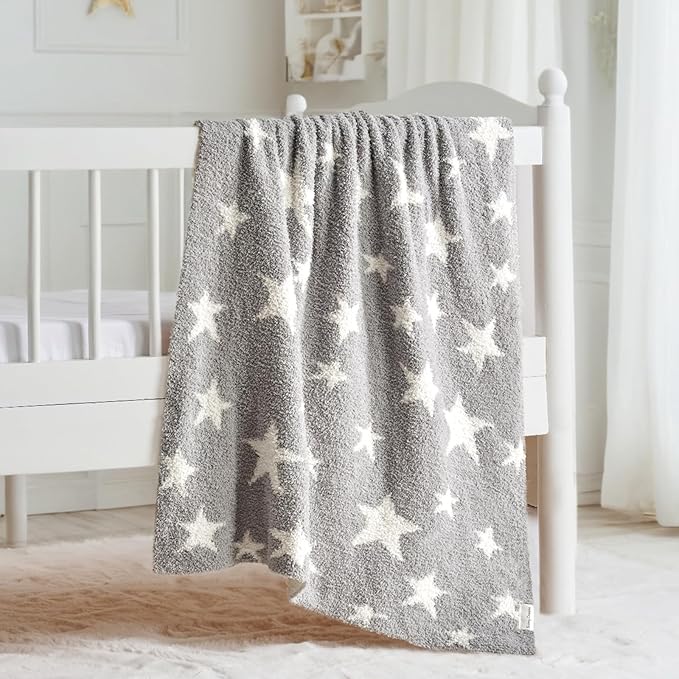 EVERGRACEHOME Soft Plush Baby Blanket for Boys Girls with Little Stars Printed, Fleece Fuzzy Toddler Nursery Blanket Lightweight Warm Cozy Throw Blanket for Baby Crib, Couch, Bed, Light Gray, 50"x60"