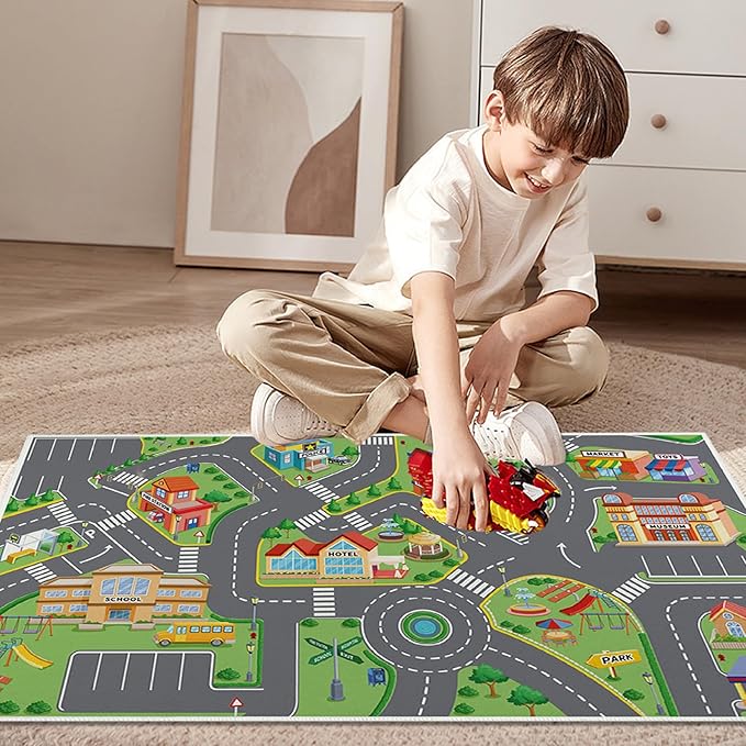 19.7x31.5in Baby Play Mat, Non-Slip Crawling Carpet, Vibrant Polyester Road Rug, Washable Rectangular Kids Rug for Bedroom Living Room