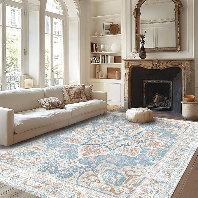 Vhong Washable Area Rugs Boho Vintage Neutral Modern Pale Blue 6x9 Non Slip Carpet for Living Room Dining Room Bedroom
