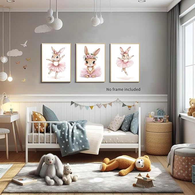 Kusag Baby Girl Nursery Posters Wall Decor, Easter Nursery Canvas Wall Art Paintings Set of 3, Cute Animal Pink Bunny Prints Pictures for Boys and Girls Room, Bedroom, Home Decor 16x24 In Unframed