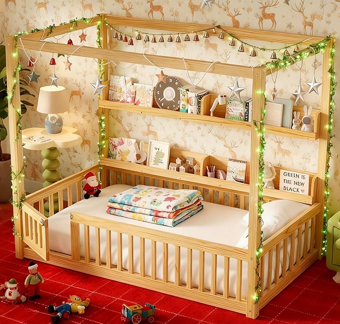 Bellemave Twin Size Canopy Bed with Guardrails and Door, Wood Floor Bed with Shelves for Toddlers, Built in 4 Poster Design,Montessori Bed for Kids,Boys,Girls,Easy Assemble（Twin,Natural）