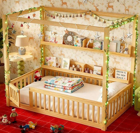 Bellemave Twin Size Canopy Bed with Guardrails and Door, Wood Floor Bed with Shelves for Toddlers, Built in 4 Poster Design,Montessori Bed for Kids,Boys,Girls,Easy Assemble（Twin,Natural）