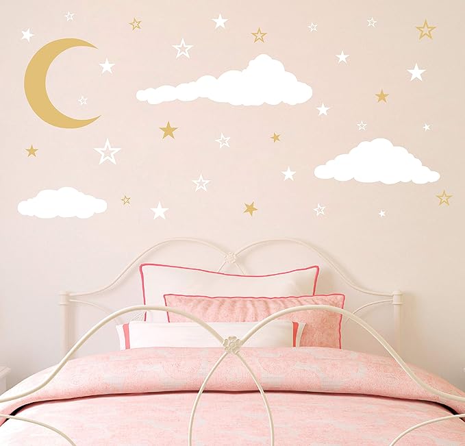 GESTYZ Vinyl Wall Stickers, Stars and Clouds Decal, White, Gold, for Nursery, Bedroom, Kids Room Wall Decoration