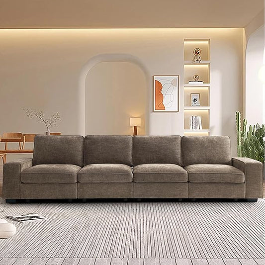 TEKAMON 128" Modular Sofa Couch with Seat Storage, Chenille Sofa，Modern Comfy 4-Seater Couch for Living Room, Office, Apart W/Deep Seat, Wide Armrest, USB, Pockets, Removable Covers (Brown)