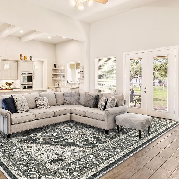 WITSHOCK Living Room Area Rugs 9x12: Washable Rug Boho Soft Non-Slip Low Pile Stain Resistant Foldable Carpet for Bedroom Playroom Dining Room Office Kitchen Farmhouse Home Decor Rug-Bitter Black