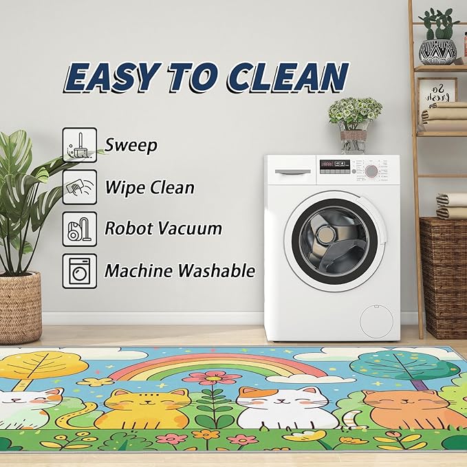 Cat Rug for Bedroom - Cute Kawaii Kitten Area Rug 7x10 - Washable Non Slip Ultra Soft, Cat Lovers Cartoon Rainbow Rugs for Living Room, Kids Baby Nursery Playroom Carpet, Cats Home Decor