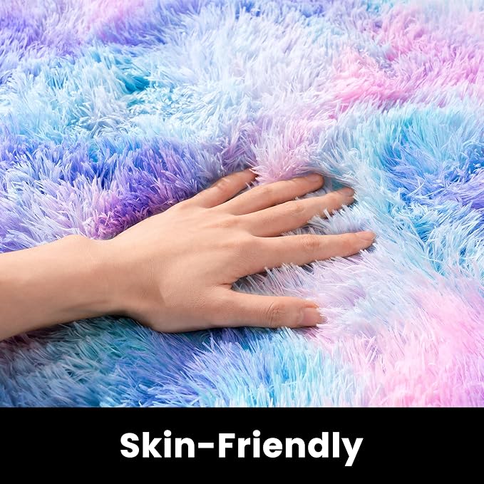 2x6 Fluffy Runner Rug - Non Slip Blue Rainbow Tie-dye Rug for Living Room - Cute Indoor Floor Rug for Girls Room