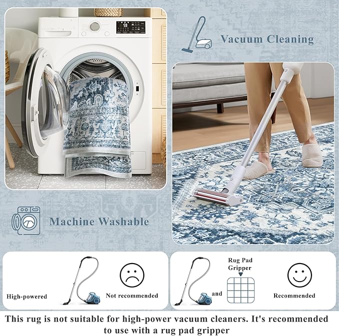 LIVEBOX Blue Washable Area Rug 5x7 - Large Vintage Tribal Living Room Non-Slip Indoor Carpet for Bedroom, Low-Pile Retro Print Distressed Accent for Nursery Entryway Office
