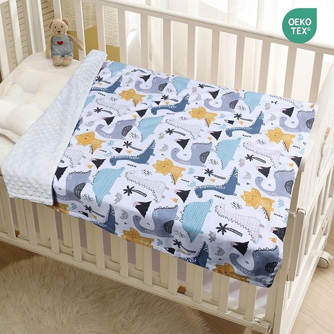 Baby Blanket for Boys Girls Soft Minky with Double Layer Dotted Backing, Color Dinosaurs Printed 30 x 40 Inch Receiving Blanket