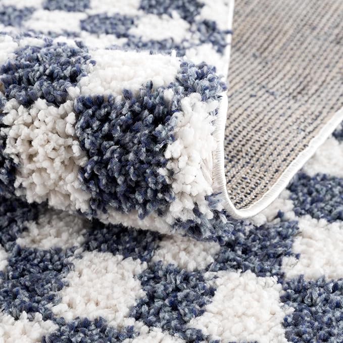 BoutiqueRugs Kieu Modern Checkered Shag Rug - High Pile Fluffy Shag Carpet for Hallway, Nursery, Playroom, Girls Boys Room - White, Blue - 7'10" x 10' (8x10)