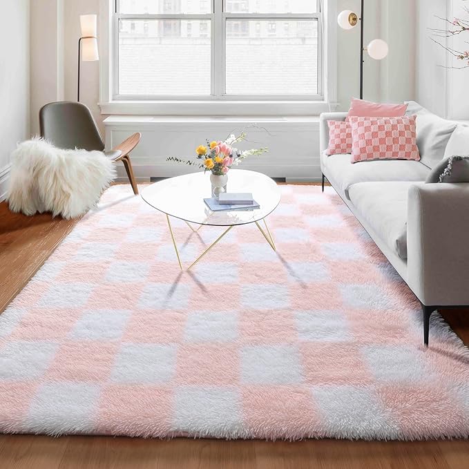 KICMOR 5x7 Area Rugs for Living Room, Fluffy Soft Light Pink and White Checkered Rug Fuzzy Shag Shaggy Carpet for Bedroom, Cute Furry Plush Rug for Teen Kids Girls Dorm Nursery Playroom Home Decor