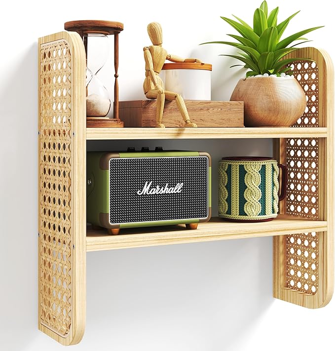2-Tier Rattan Shelf, Natural Rattan Bookshelf Wall Mounted, Handmade Woven Display Shelf, Decorative Boho Shelves for Entryway, Nursery, Kitchen, Bathroom, Living Room