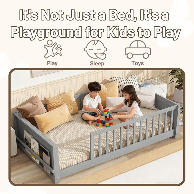 Twin Toddler Floor Bed with High Rails, Wooden Montessori Bed Frame with Built-in Book Rack, Twin Size Bed Frame for Kids, Boys and Girls, Grey