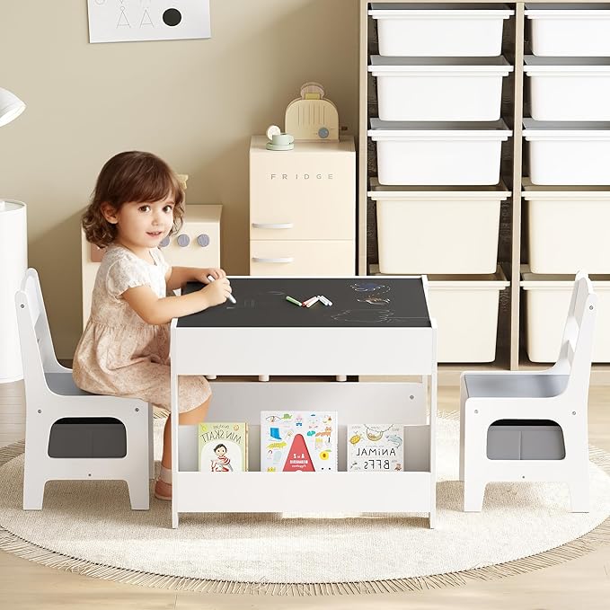 Kinder King Kids Wood Table & 2 Chairs Set, 4 in 1 Children Activity Table w/Double Bookcase, Blackboard, Toddler Furniture Set for Art, Crafts, Drawing, Reading, Playroom, Grey