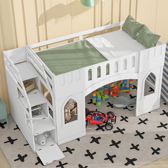 Playhouse Design Twin Size Loft Bed with Storage Staircase and Windows, Solid Wood Loft Bed Frame with Safety Guardrail for Kids Teens Boys Girls, Space-Saving (White-3)