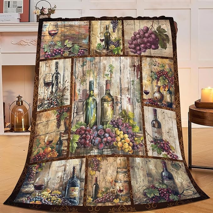 Wine Blanket Grape Wine Throw Blanket Flannel Stuff Merch Cozy Decor Fleece Soft Plush Fuzzy Warm Lightweight Bedding Gifts for Men Women Girls Couch 60"X50"