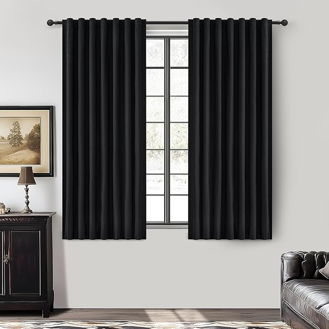 Black Out Kitchen Curtains 45 Inch Length 2 Panels Set, Modern Pleated Linen Blend Blackout Windows Curtain Back Tab Rod Pocket for Cafe/Cabin Thermal Insulated Heavy Drapes 50"W x 45"L Long