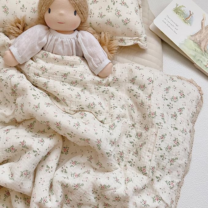 BuLuTu 2-Layer Muslin Cotton Kids Quilt for Twin Bed, Soft Gauze Blanket Lace Edged, Girls Boys Toddler Comforter, Breathable Lightweight, Pomegranate Pattern, 60"x78", Machine Washable