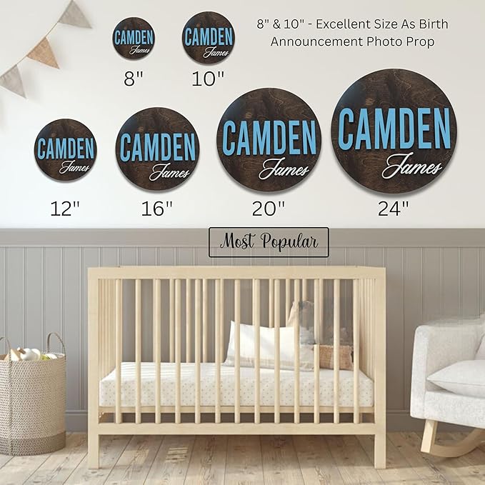 Custom Round Nusery Name Sign, Personalized 3D Baby Name Announcement Sign, Personalized Wooden Wall Plaque, 3D Wall Art for Children & Kids Rooms, Family Name Signs, 30 Colors (Design 1)