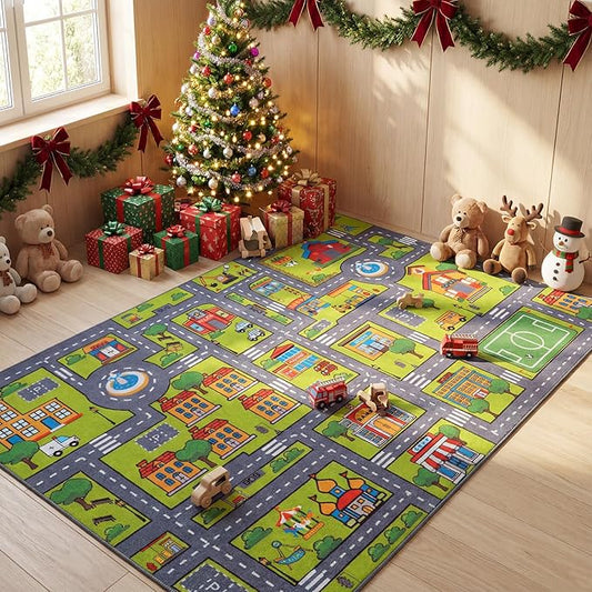 Merelax 6x9 Kids Car Area Rug, Grey Green Area Road Rugs for Living Room Playroom Classroom Bedroom, Non Slip Kids Play mat, Washable Rug, Educational City Traffic Map Fun Car Carpet for Ages 3-12