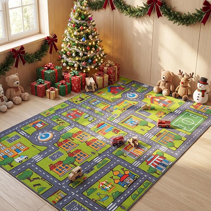 Merelax 4x6 Kids Car Area Rug, Grey Green Area Road Rugs for Living Room Playroom Classroom Bedroom, Non Slip Kids Play mat, Washable Rug, Educational City Traffic Map Fun Car Carpet for Ages 3-12