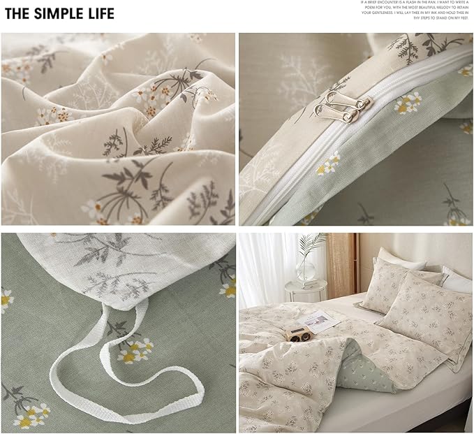 HighBuy Boho Floral Duvet Cover Full Cotton Aesthetic Bedding Set,Comforter Cover 3 Piece,Reversible Green Garden Lightweight,Soft,Zipper Closure,Breathable,All Season