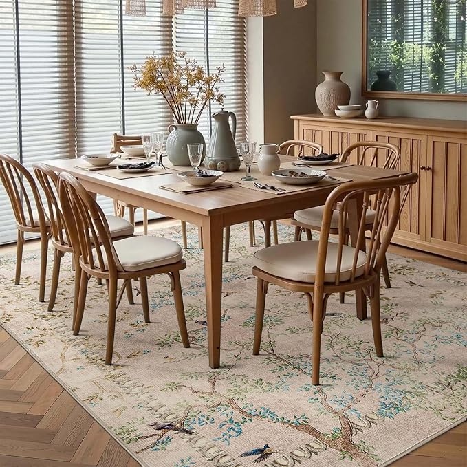 jinchan Yarden Botanical Birds 5x7 Beige Area Rugs for Living Room Washable Non Slip Soft Nature Plants Modern Kids Carpet Vintage Ultra Thin Low Pile Indoor Rug for Bedroom Nursery Playroom